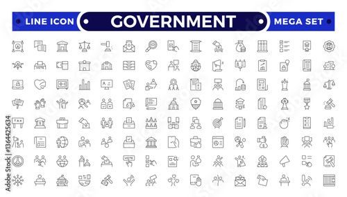 Government outline icon set. Containing community center, public park, city hall, government, policy, needs, community, public finance, interest, volunteer, electricity, and more.