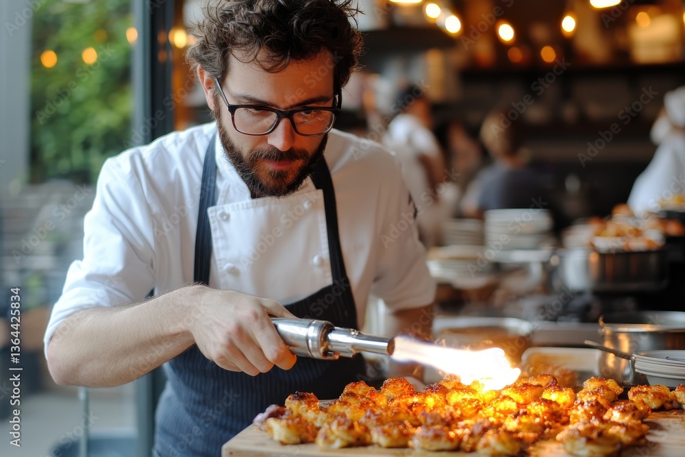 Focused chef uses a torch to caramelize a delicious gourmet appetizer. It's perfect for restaurant promotions and modern culinary arts content. Focused chef uses a torch to caramelize a delicious gourmet appetizer. It's perfect for restaurant promotions and modern culinary arts content.