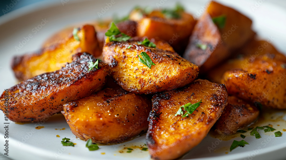 Delicious Pan-Seared Sweet Potatoes with Fresh Herbs Close-Up High-Quality Studio Shot Delicious Pan-Seared Sweet Potatoes with Fresh Herbs Close-Up High-Quality Studio Shot