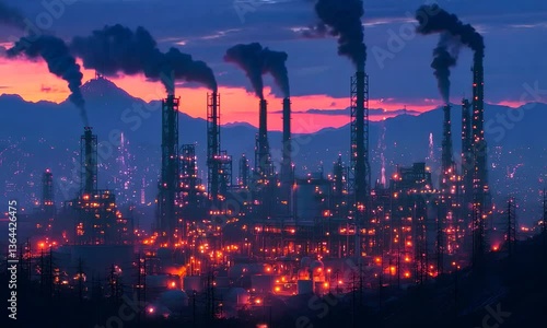 Wallpaper Mural Dramatic Glowing Oil Refinery Skyline at Vibrant Dusk with Intricate Networks of Pipes and Lights Torontodigital.ca