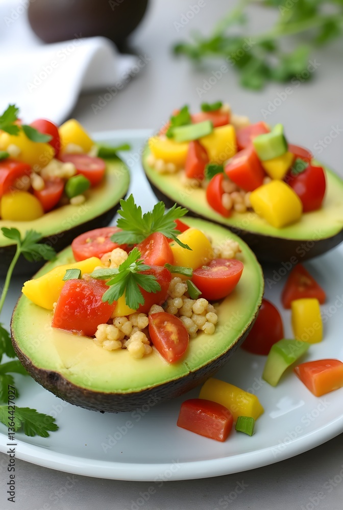 Three avocado halves on a ceramic plate, each filled with a vibrant salad of quinoa, diced tomatoes, and parsley. Three avocado halves on a ceramic plate, each filled with a vibrant salad of quinoa, diced tomatoes, and parsley.