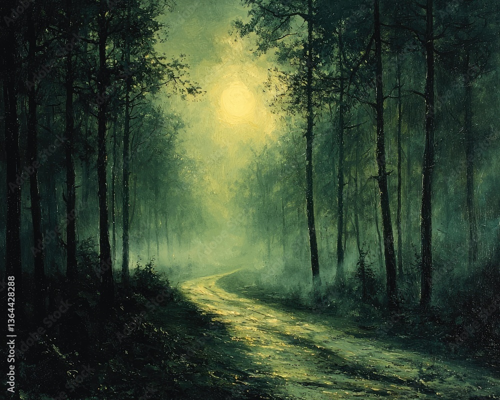 Obraz premium Misty forest path at dawn