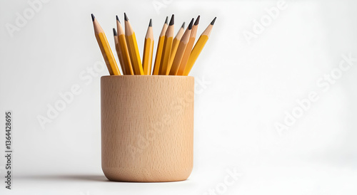  pencil pot made of natural beechwood with pencils inside on a white background.
