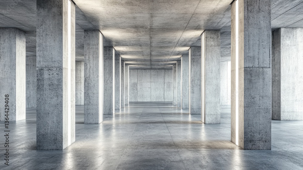 Fototapeta premium Modern Concrete Hall with Glowing Windows, Abstract Architectural Space
