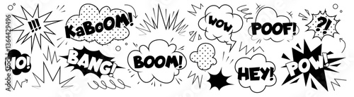 Comic book action words - kaboom, bang, boom, wow and pow in pop art style. Black and white retro speech bubbles, sound effects for superhero fight scenes, explosions, surprises in comics design.