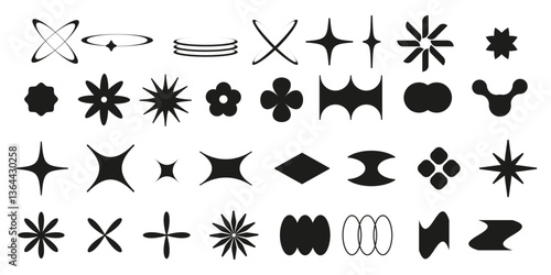 Y2k star frame shapes set - forms with different pointed edges, swirls, flowers. Geometric round borders, decorative ornamental label design. Retro black abstract simple silhouette on white background