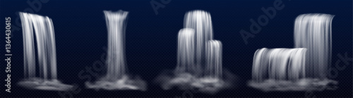 Realistic 3d waterfall cascades set - various water streams pouring down, falling jets with fog. White liquid fountains, flowing cataracts with splashes and smoke, natural water element design.