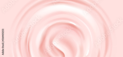 Pink yogurt or cosmetic cream texture. Milk strawberry dessert surface with circle ripples. 3d realistic mousse or lotion. Vector abstract delicate sweet dessert or face care product background.