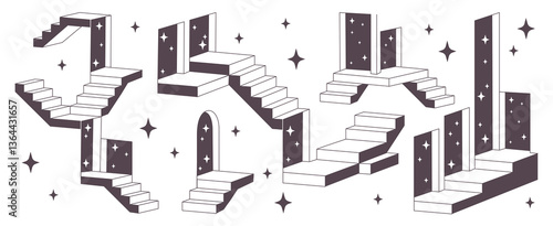 Retro surreal ladders set isolated on white background. Vector illustration of abstract stairs, rectangle holes, arch windows with stars, psychedelic portal to space, dream doorway, infinity illusion