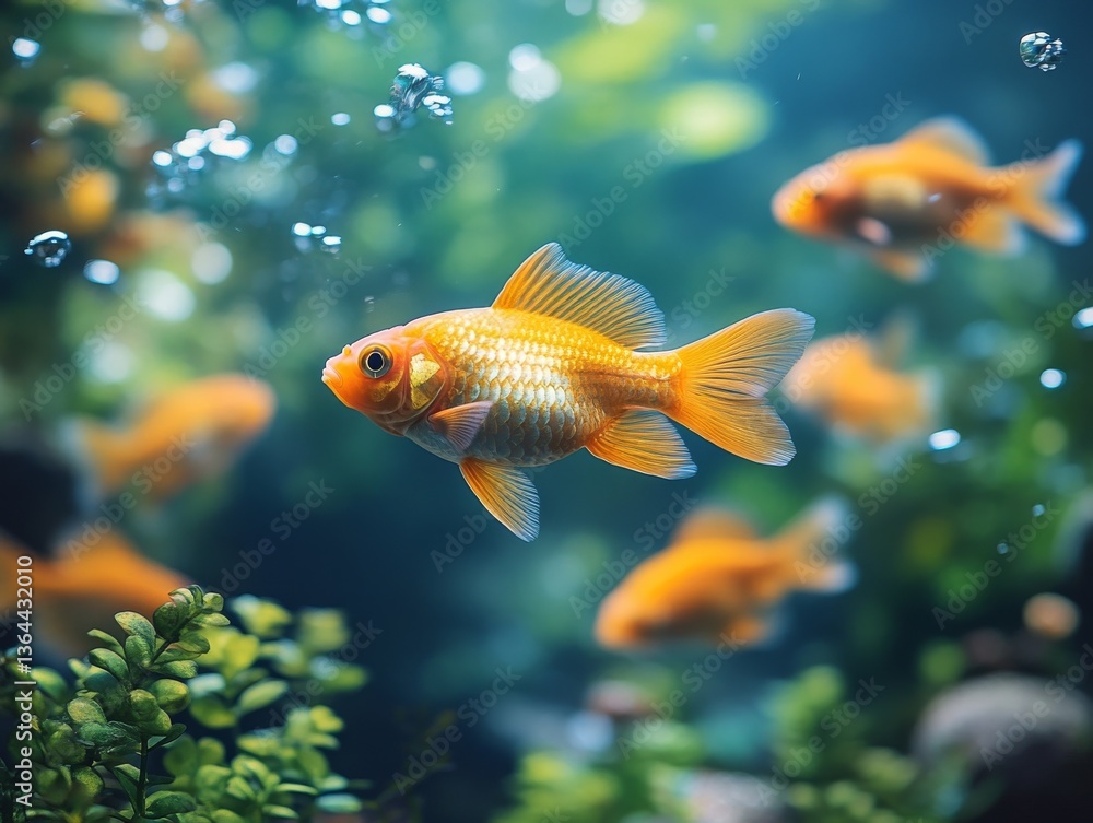 Golden Serenity: A School of Goldfish Swimming Gracefully in a Lush Aquarium, Illuminated by Gentle Light and Surrounded by Bubbles and Vibrant Green Aquatic Plants Golden Serenity: A School of Goldfish Swimming Gracefully in a Lush Aquarium, Illuminated by Gentle Light and Surrounded by Bubbles and Vibrant Green Aquatic Plants