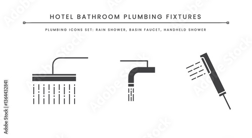 Minimalist Line Art of Shower and Faucet Fixtures. Hotel Bathroom Plumbing Fixtures Outline Icon.