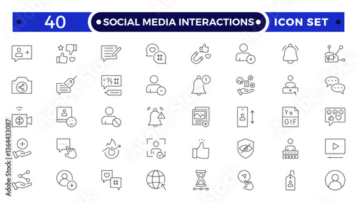 Social media Interactions, Communication, speaking and talking outline icon set. People interacting, speech bubbles, social interactions, collaboration and multiple communicating methods.