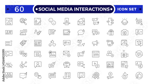 Social media Interactions, Communication, speaking and talking outline icon set. People interacting, speech bubbles, social interactions, collaboration and multiple communicating methods.