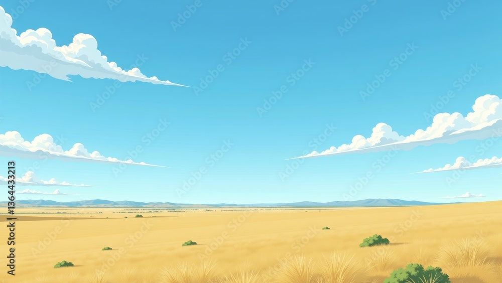 Fototapeta premium Bright sunny day in Argentinian Pampas Open Skies, clear blue with fluffy clouds over golden wheat landscape. Concept of Argentinian Pampas Open Skies evokes serenity and peace.