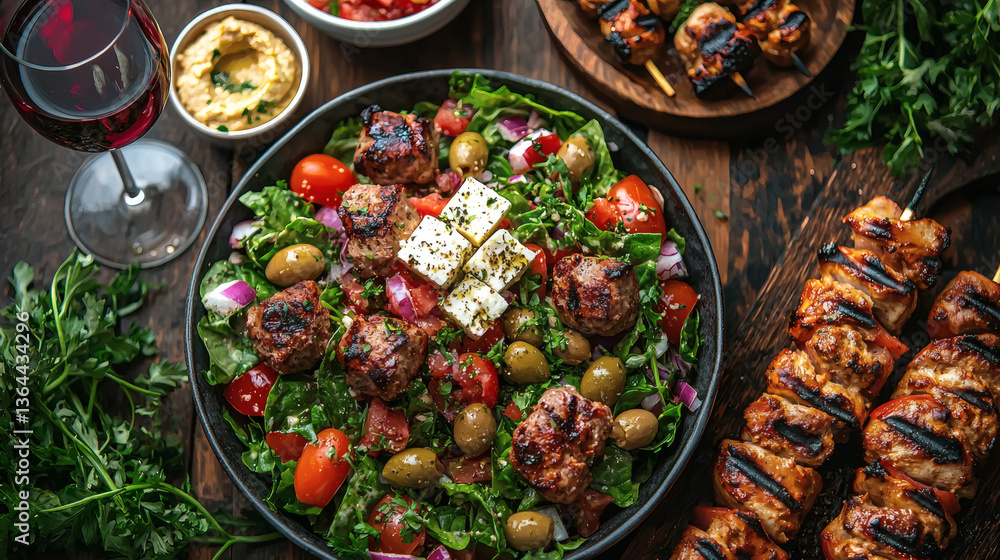 Mediterranean Feast on a Rustic Wooden Table Mediterranean Feast on a Rustic Wooden Table