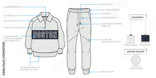 Men's Winter High Neck Jacket and Jogger Tracksuit Technical Flat Sketch with Tech Pack.