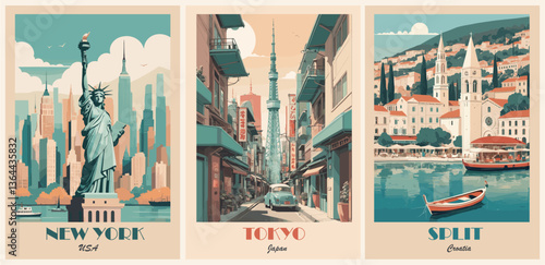 Set of travel destination posters in retro style. New York, Tokyo, Split vintage vector illustrations