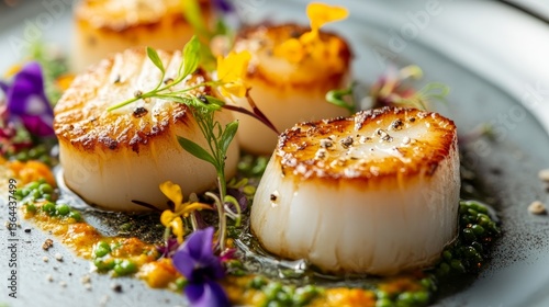 Seared Scallops with Floral Garnish, Fine Dining , Seafood