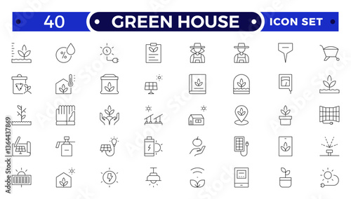 Green House outline icon set with conservation, reduce waste, consumption, management, efficiency, gas emission and green house. Eco related icons.