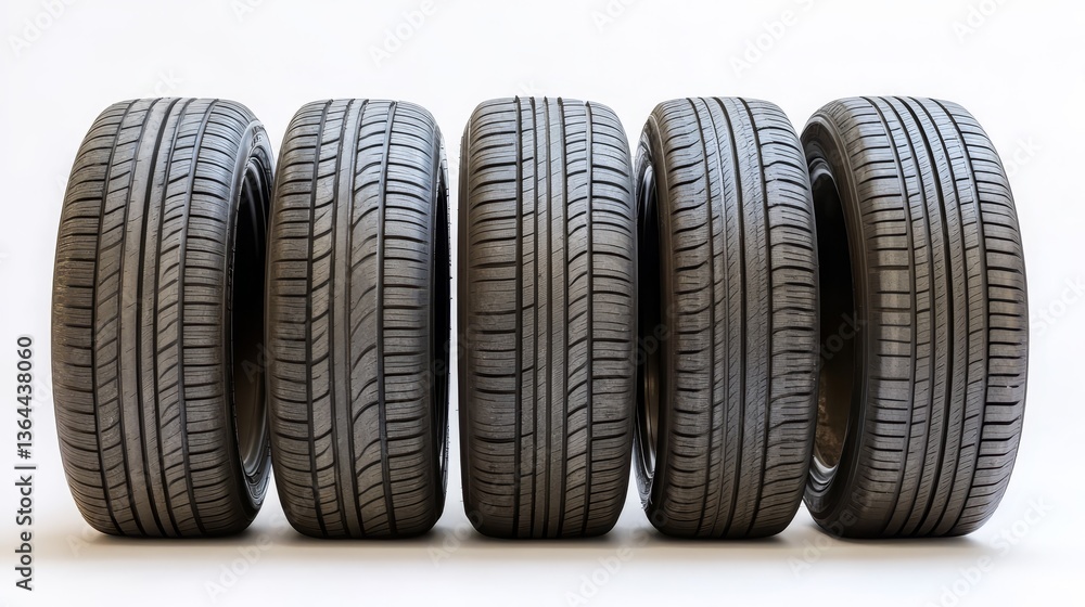 Five New Car Tires Row, Auto Concept , Automobile Five New Car Tires Row, Auto Concept , Automobile