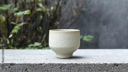 A speckled ceramic mug sits on a concrete surface outside