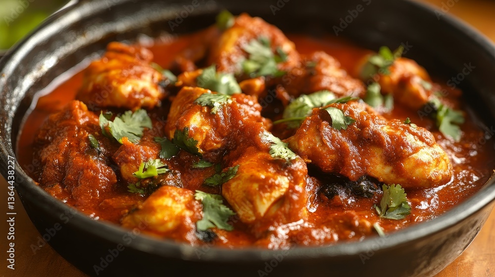Delicious Fish Curry in Black Bowl with Cilantro Garnishing, Indian Cuisine , Seafood Delicious Fish Curry in Black Bowl with Cilantro Garnishing, Indian Cuisine , Seafood