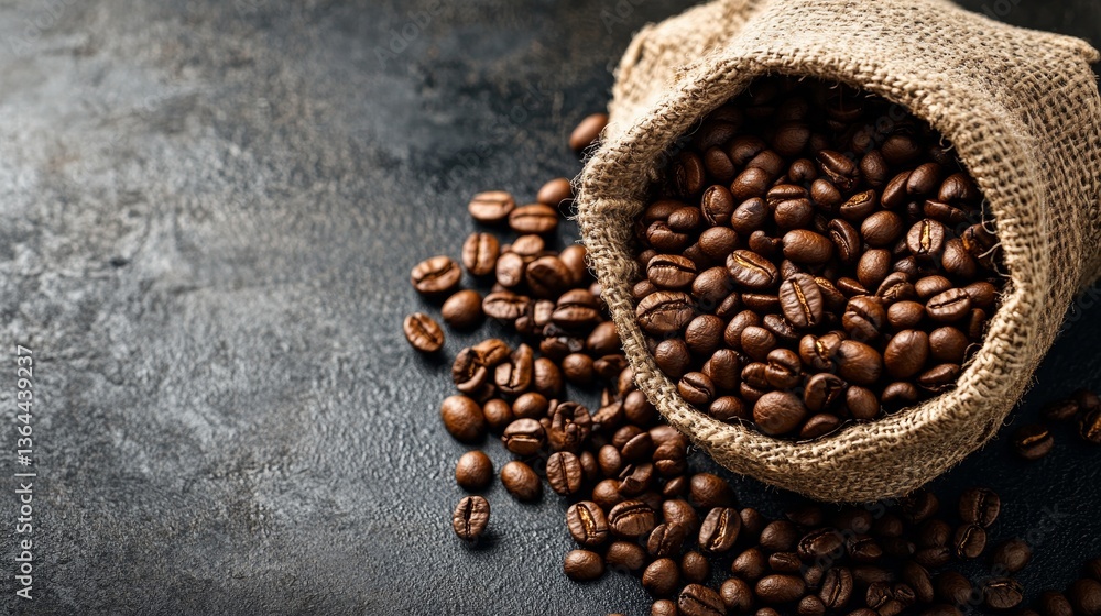 Burlap Sack Overflowing with Roasted Coffee Beans on Dark Surface, Coffee, Caffeine Burlap Sack Overflowing with Roasted Coffee Beans on Dark Surface, Coffee, Caffeine