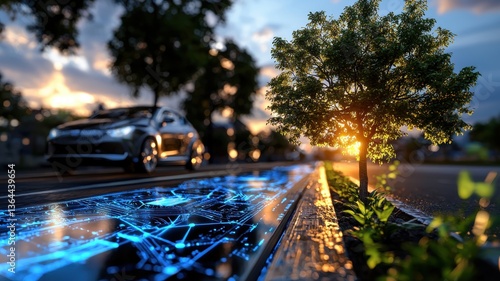 Electric car driving past high-tech tree on smart road urban environment futuristic concept at sunset
