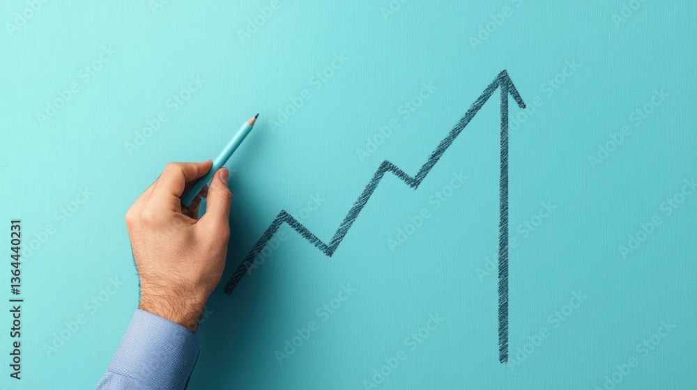 Hand Drawing an Upward Trend Line on a Pastel Blue Background for Growth and Success in Business Hand Drawing an Upward Trend Line on a Pastel Blue Background for Growth and Success in Business