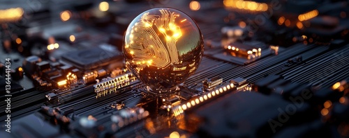 Illuminated technology sphere digital circuitry abstract art futuristic environment close-up view innovation concept
