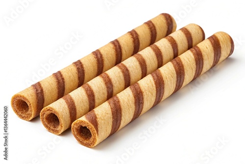 Three brown striped wafer rolls isolated on transparent background