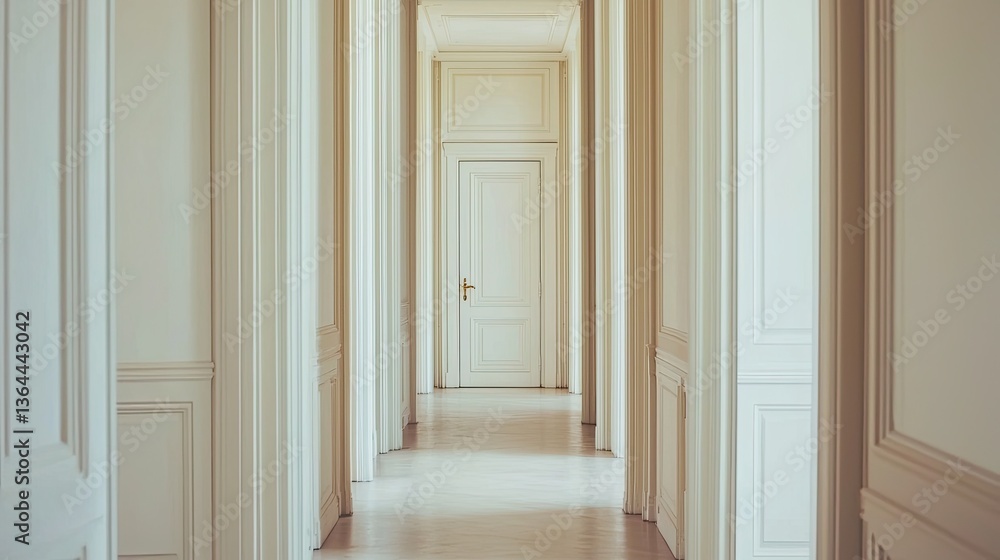 Fototapeta premium A long hallway with multiple white doors and molding details