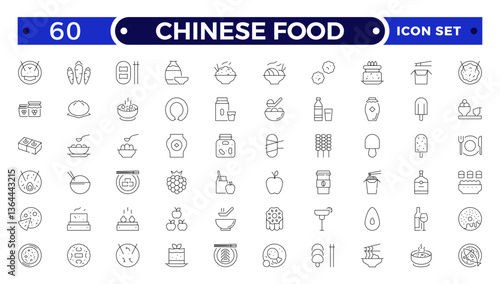 Chinese Food icon set. Includes Soup, Bowl, Chinese, Food, Kitchen, Meal, Burger, donut, French fries, hot dog, kabab, pizza, ice cream, pizza  and More.