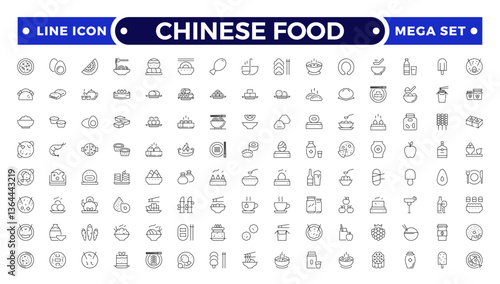 Chinese Food icon set. Includes Soup, Bowl, Chinese, Food, Kitchen, Meal, Burger, donut, French fries, hot dog, kabab, pizza, ice cream, pizza  and More.