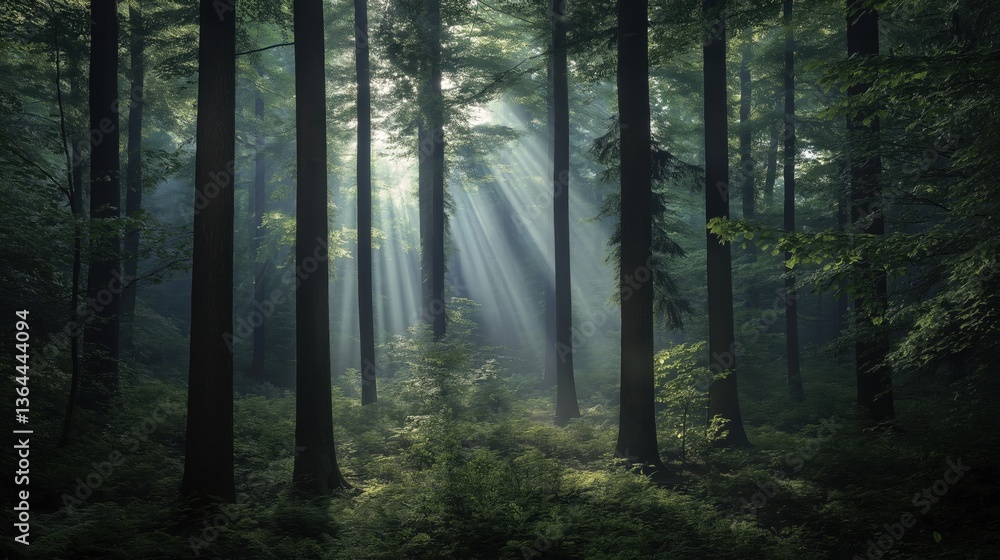 Fototapeta premium A misty forest scene with sunlight beams piercing through the canopy, illuminating tall, slender tree trunks against a backdrop of lush greenery