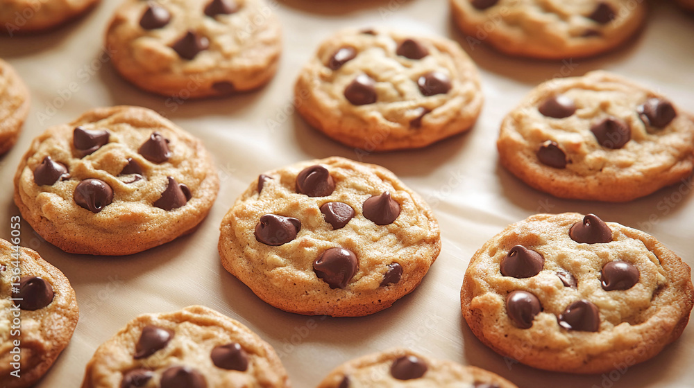 Chocolate chip cookies arranged in rows on parchment paper. The cookies have an appetizing appearance with a golden crust and convex chocolate drops. Chocolate chip cookies arranged in rows on parchment paper. The cookies have an appetizing appearance with a golden crust and convex chocolate drops.