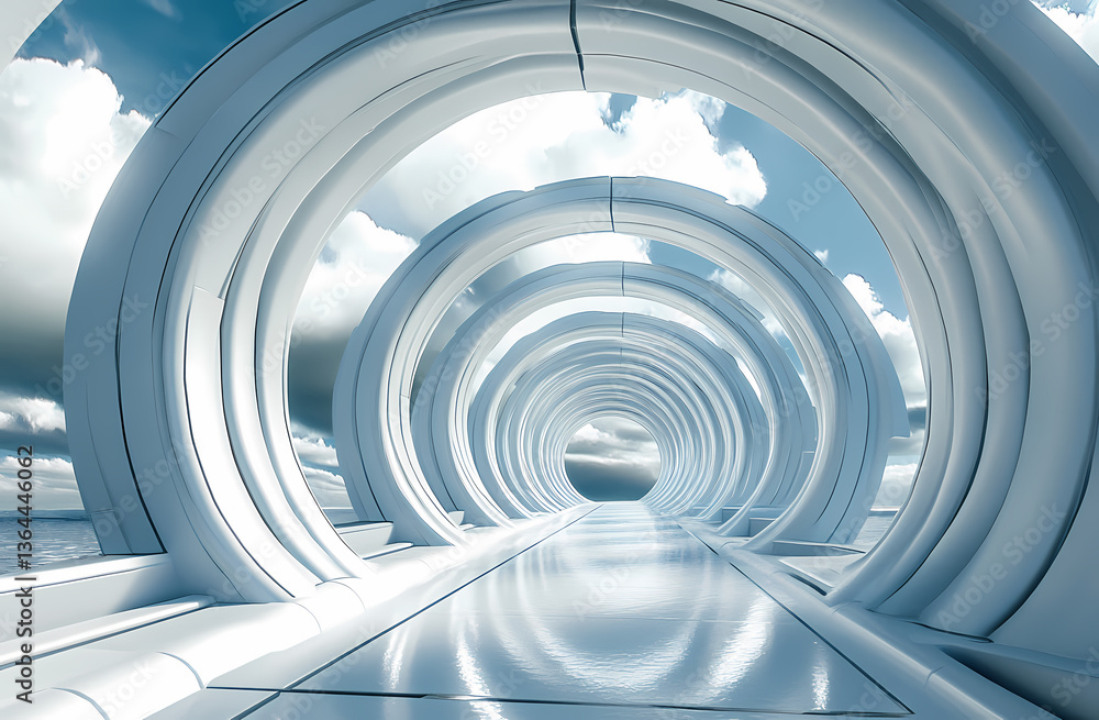 Fototapeta premium Futuristic White Circular Tunnel to the Sky