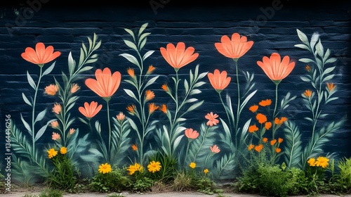 Vibrant floral mural on dark brick wall