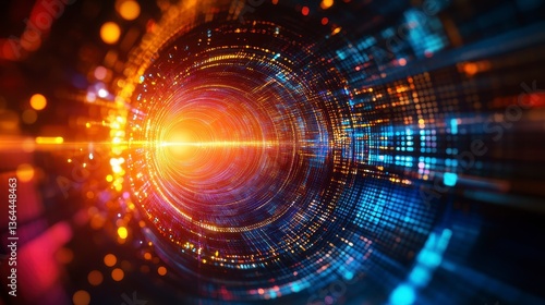 Wallpaper Mural Abstract Technology Tunnel With Glowing Dots in Blue and Orange Colors Digital Futuristic Network Connection and Energy Light Torontodigital.ca