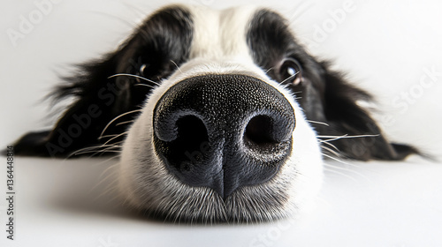 Border collie wide angle face close up funny dog nose portrait white background adult black white dog closeup head shot alert ears intelligent expression quirky photography concept stare lens calm