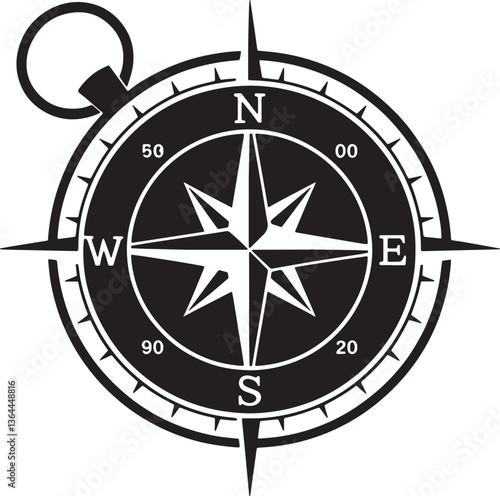 compass black silhouette vector, Simple silhouette Design vector icon with white background 