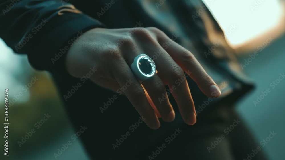 A person using a smart ring to track fitness and health metrics, outdoor running route with real-time health data displayed on the ring, High-tech style