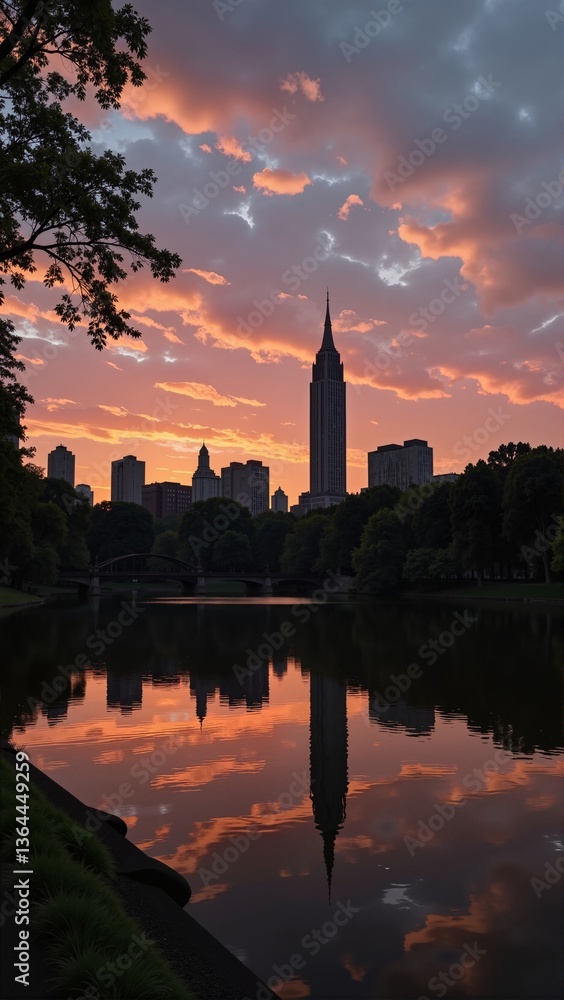 Fototapeta premium Stunning Central Park Dawn in USA New York with vibrant sky reflecting on calm lake, lush greenery surrounding. Concept of serenity and landscape at Central Park Dawn in USA New York.