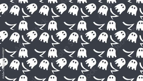 Fun and spooky seamless pattern featuring white ghosts on a dark-gray background. Ideal for Halloween-themed designs, party decorations, or festive projects involving eerie and supernatural motifs.