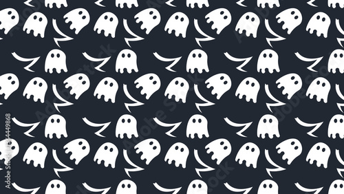 A repeating pattern of white ghosts with various expressions on a dark background, creating a lighthearted Halloween theme perfect for festive decorations, fun wallpapers, or seasonal graphics.