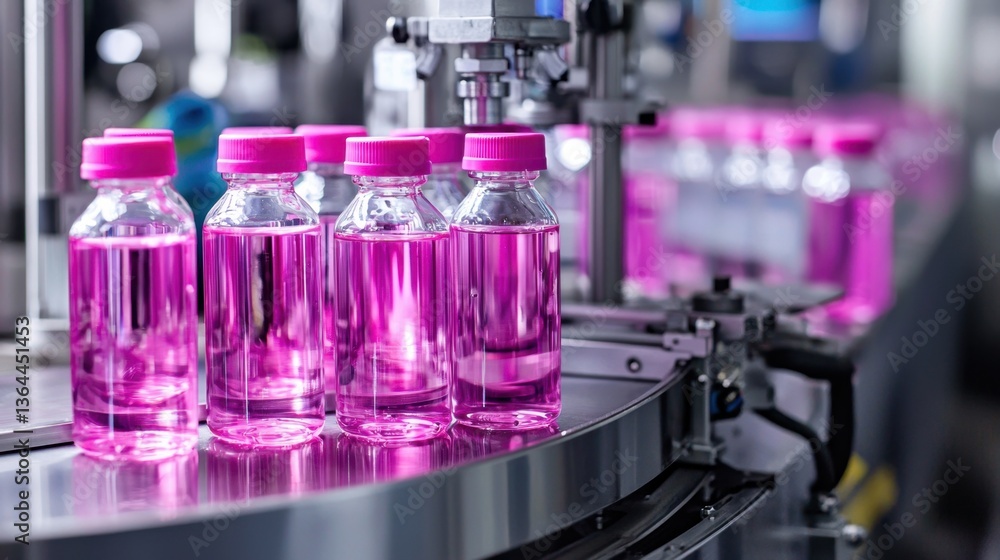 Neatly arranged pink-capped bottled water traveling through an automated production line Neatly arranged pink-capped bottled water traveling through an automated production line