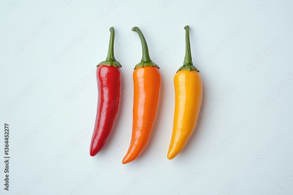 Three colorful chili peppers are lined up against a white background. Use this image to spice up your food blog or recipe illustration. Three colorful chili peppers are lined up against a white background. Use this image to spice up your food blog or recipe illustration.