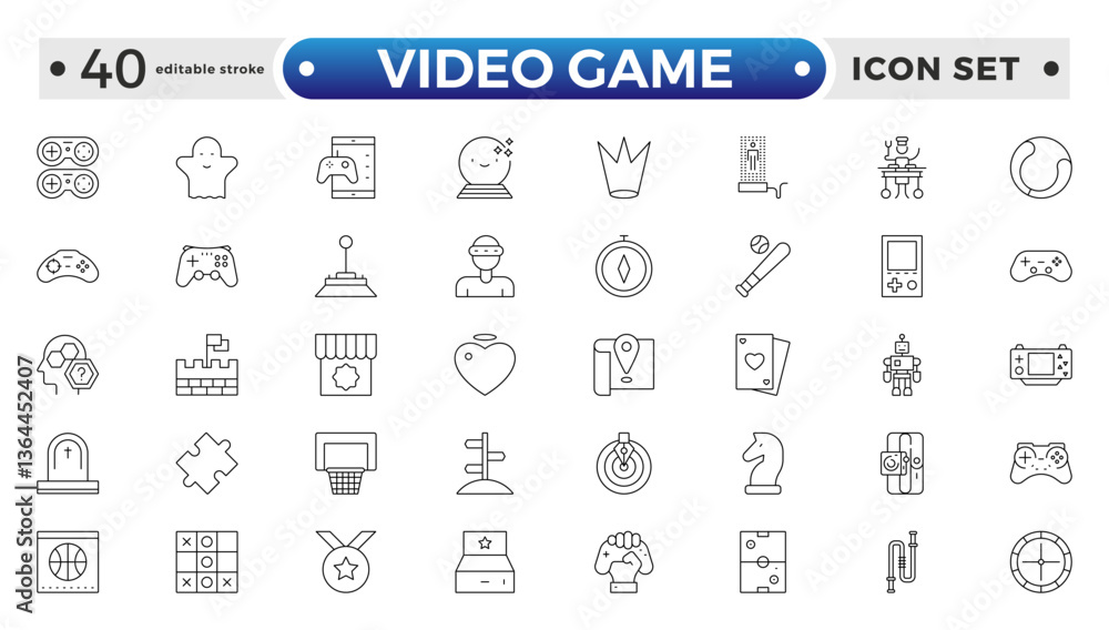 Set of line icons related to video games, gaming, technology, gadget, esport. Editable stroke outline icon.
Set of line icons related to video games, gaming, technology, gadget, esport. Editable stroke outline icon.