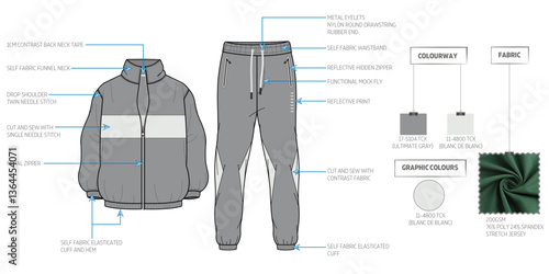 Men's Activewear High Neck Jacket and Jogger Sports Tracksuit Technical Flat Sketch with Tech Pack
