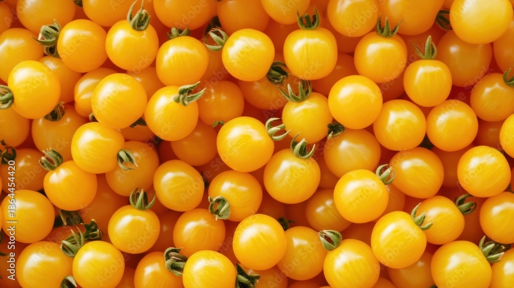 Close-up view of many small, round, yellow cherry tomatoes. Close-up view of many small, round, yellow cherry tomatoes.